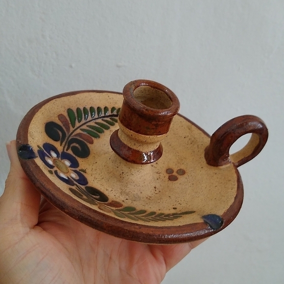 Tonala Sandstone Pottery Chamber Candlestick Holder Made in Mexico Floral Daisy - Picture 1 of 7